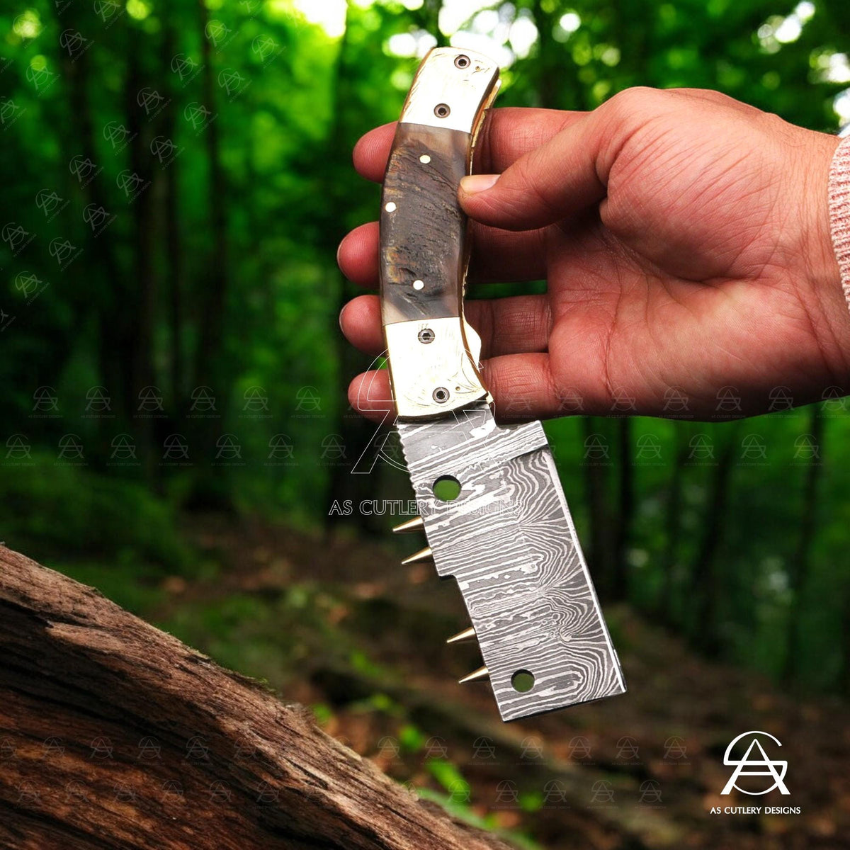 Hand-Forged Damascus Steel Folding Knife | Brass Bolster & Pommel with Hand Engravings | Lamb Horn Handle