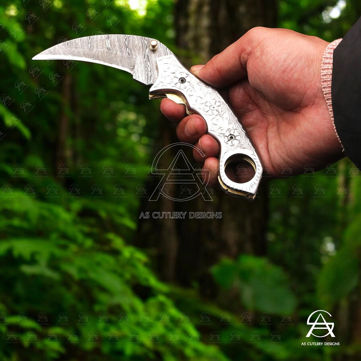 Hand-Forged Damascus Steel Karambit Knife | Engraved Handle, Leather Sheath
