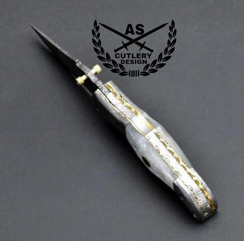 Damascus Folding Knife: Pearl Handle, Leather Sheath & Sharpener