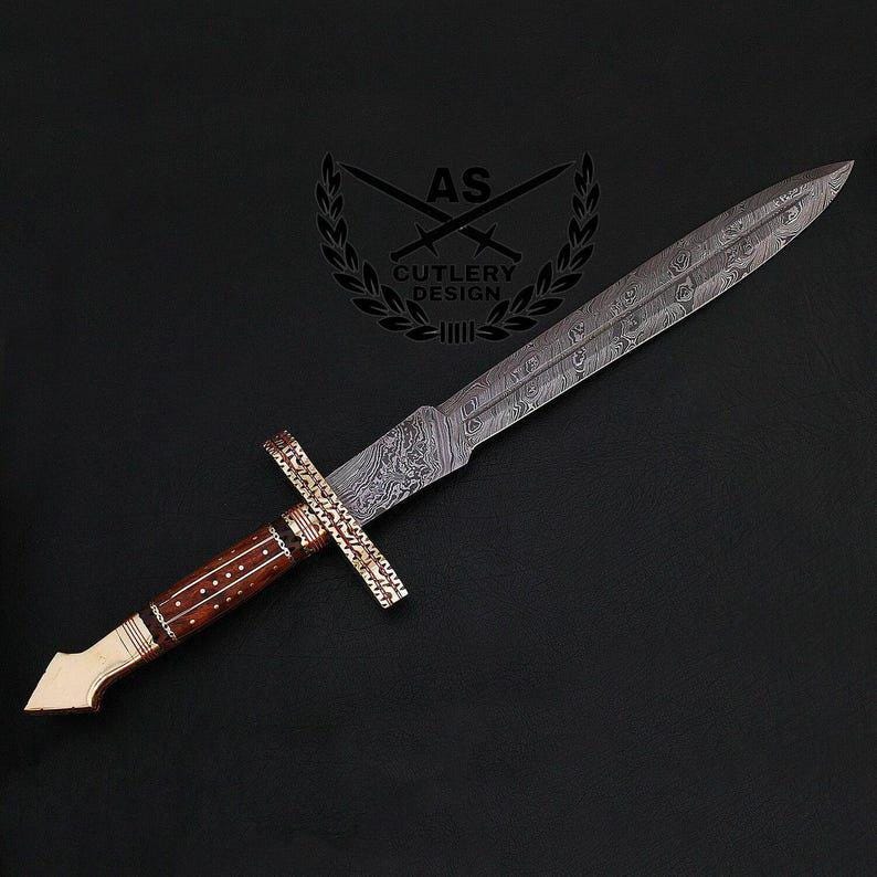 Custom handmade damascus hunting sword 24.25" with leather sheath