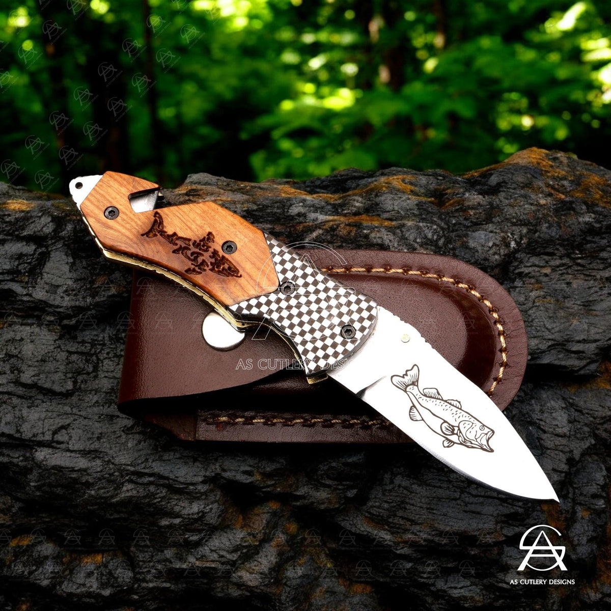 Hand-Forged J2 Stainless Steel Folding Knife | Kawu Wood Handle, Leather Sheath