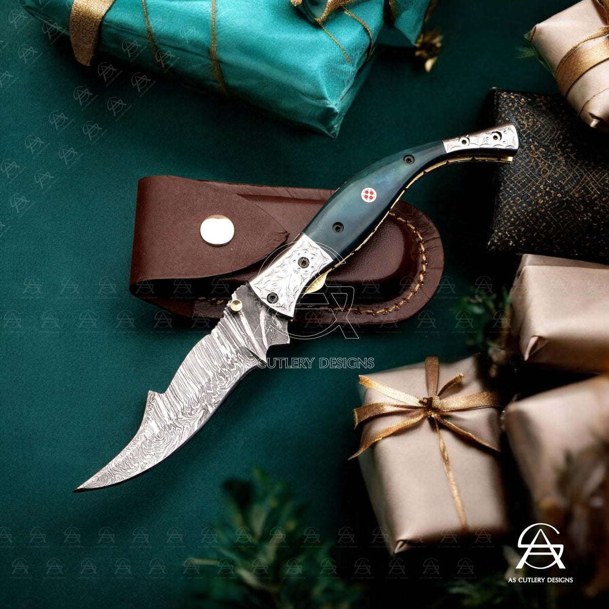 Hand-Forged Damascus Steel Folding Knife | Camel Bone Handle, Leather Sheath