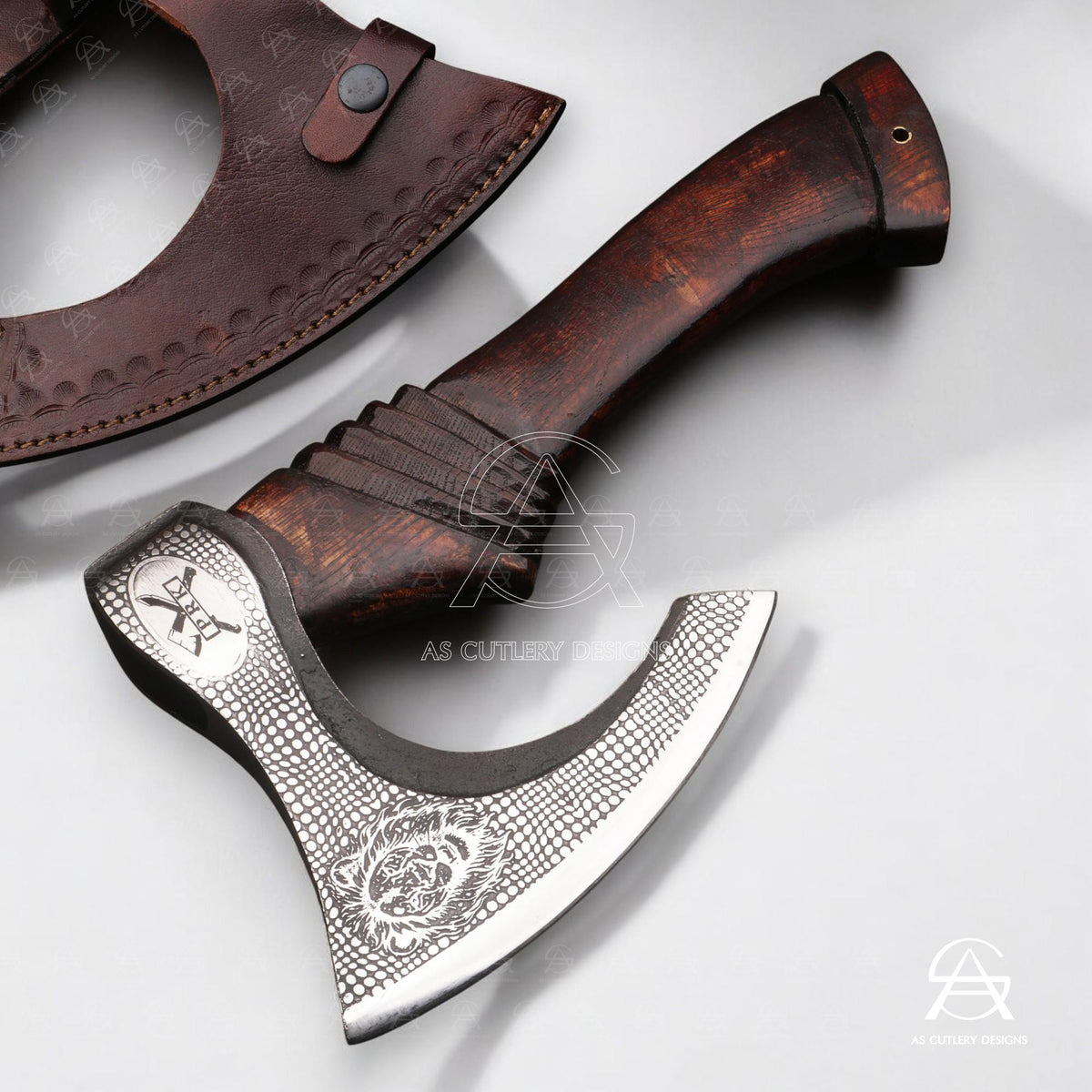 Hand-Forged Pizza Axe | 12" High Carbon Steel Blade | Carved Rosewood Handle with Leather Sheath