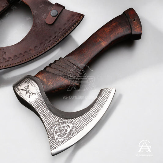 Hand-Forged Pizza Axe | 12" High Carbon Steel Blade | Carved Rosewood Handle with Leather Sheath