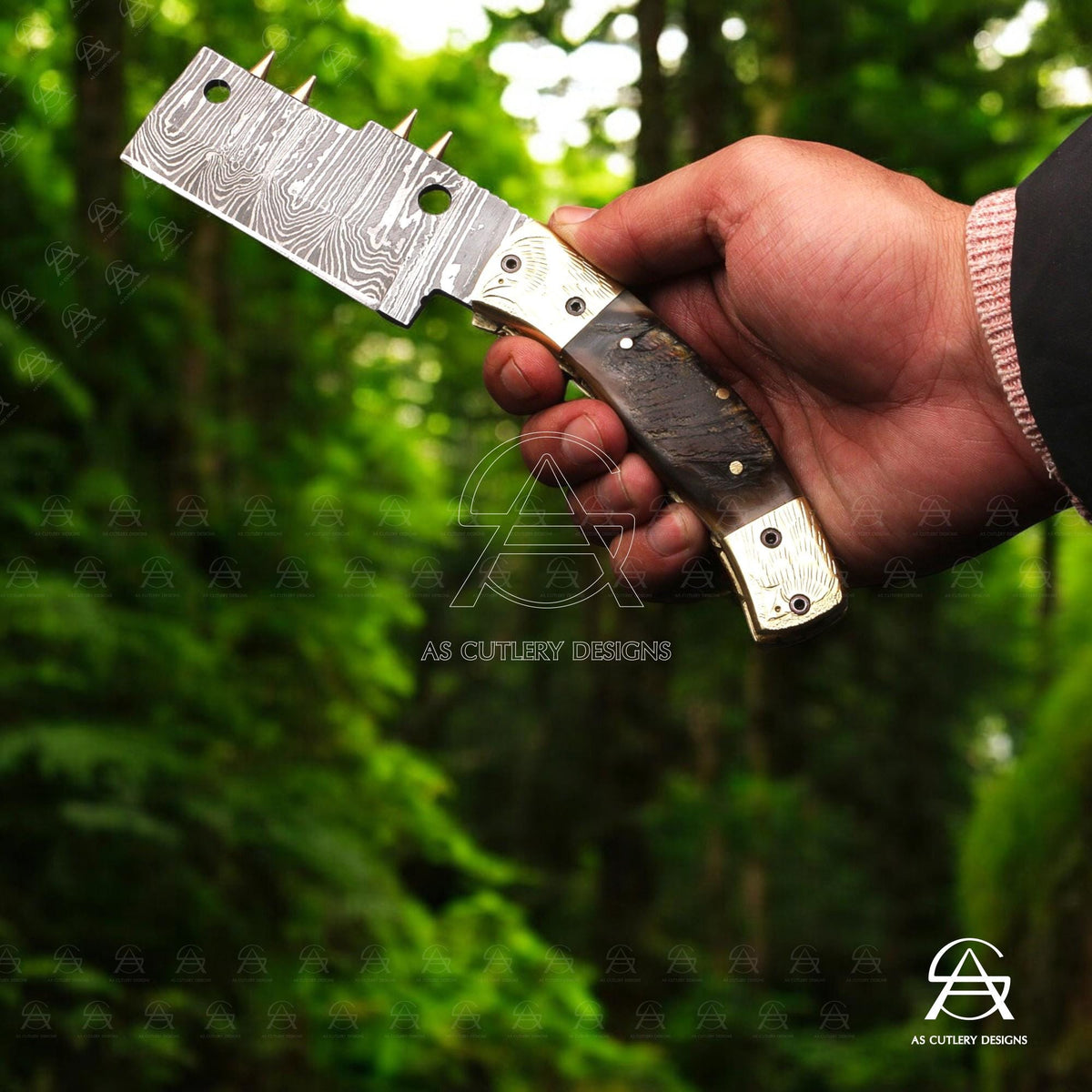 Hand-Forged Damascus Steel Folding Knife | Brass Bolster & Pommel with Hand Engravings | Lamb Horn Handle