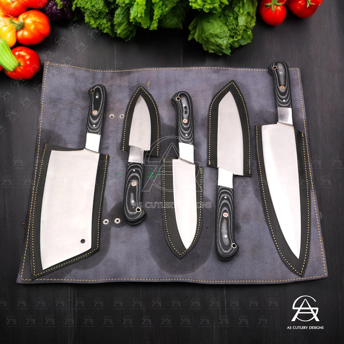 Hand-Forged Chef Knife Set | J2 Steel, G10 Micarta Handles, Leather Sheath