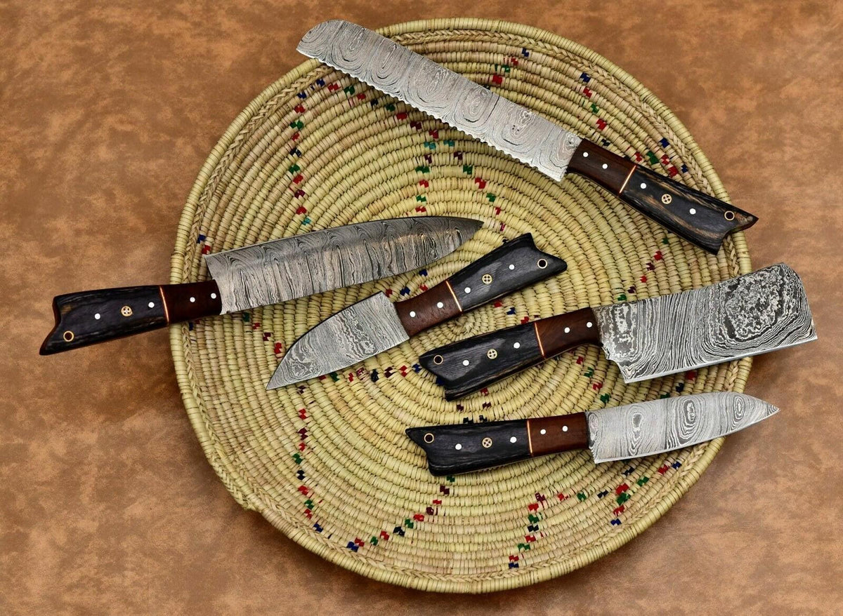 Custom Handmade Damascus Steel 5Pc Knife Set | Forged Chef Knives with Leather Case