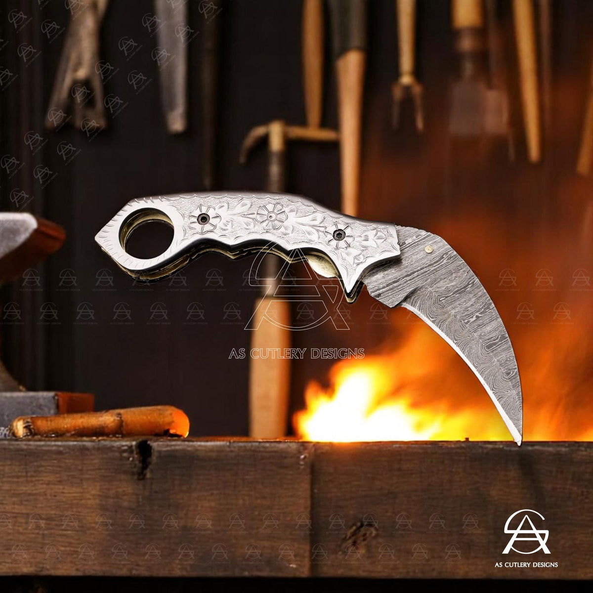 Hand-Forged Damascus Steel Karambit Knife | Engraved Handle, Leather Sheath