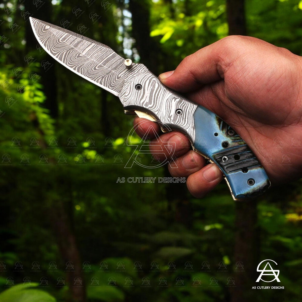 Hand-Forged Damascus Steel Folding Knife | Dyed Camel Bone Handle