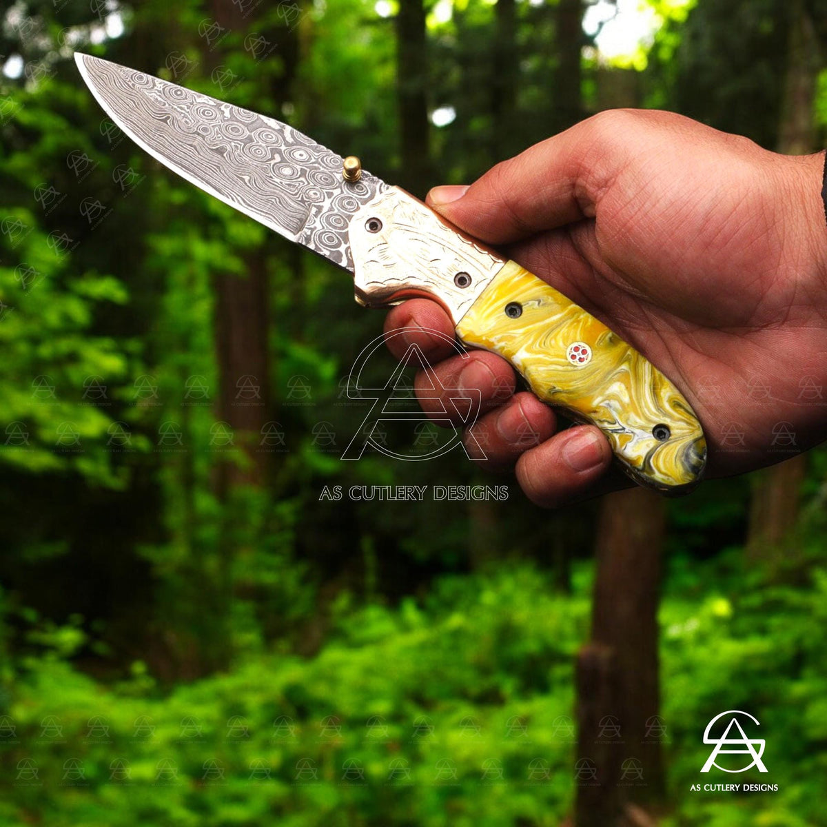 Hand-Forged Damascus Steel Folding Knife | Resin Handle, Leather Sheath