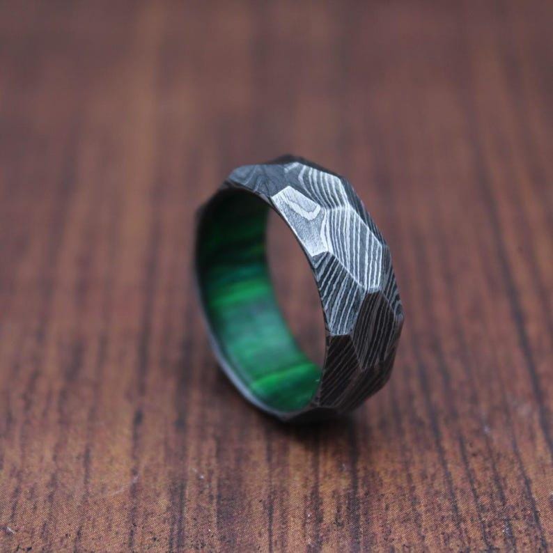 Damascus Steel & Whiskey Barrel Wood Ring - Hammered Wedding Band