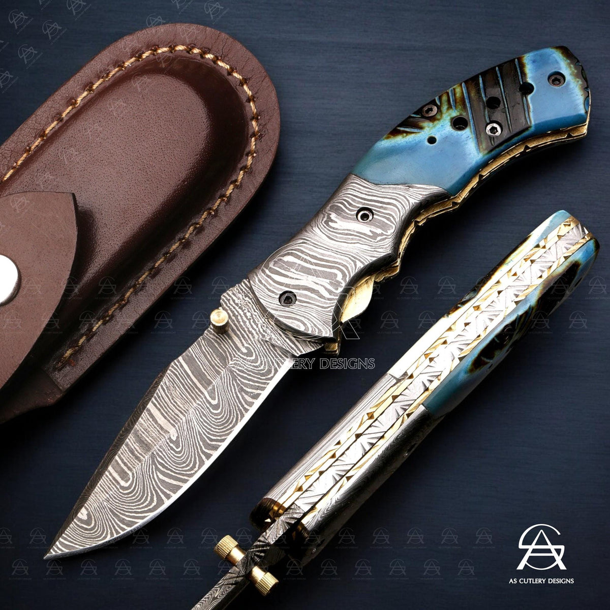Hand-Forged Damascus Steel Folding Knife | Dyed Camel Bone Handle
