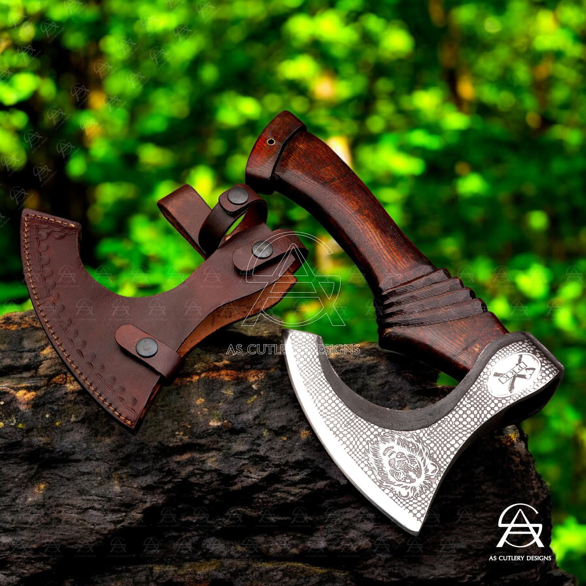 Hand-Forged Pizza Axe | 12" High Carbon Steel Blade | Carved Rosewood Handle with Leather Sheath