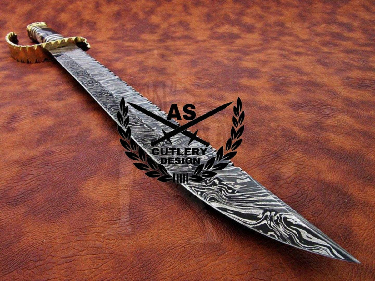 Custom Handmade Damascus Steel Sword & Leather Sheath” Buffalo Horn Handle