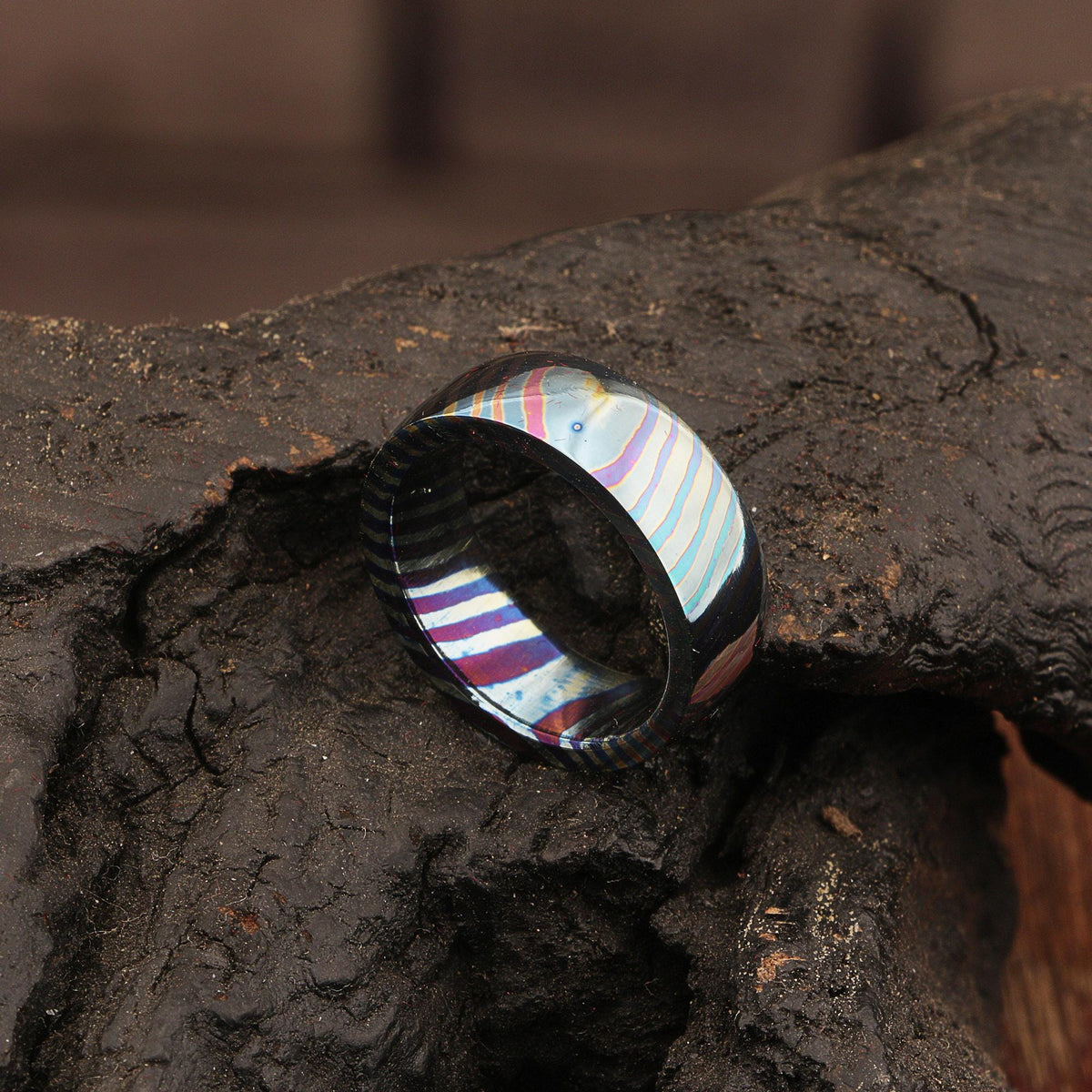 Customized Timascus Titanium Handmade Mens Engagement Ring Grooved Wedding Band