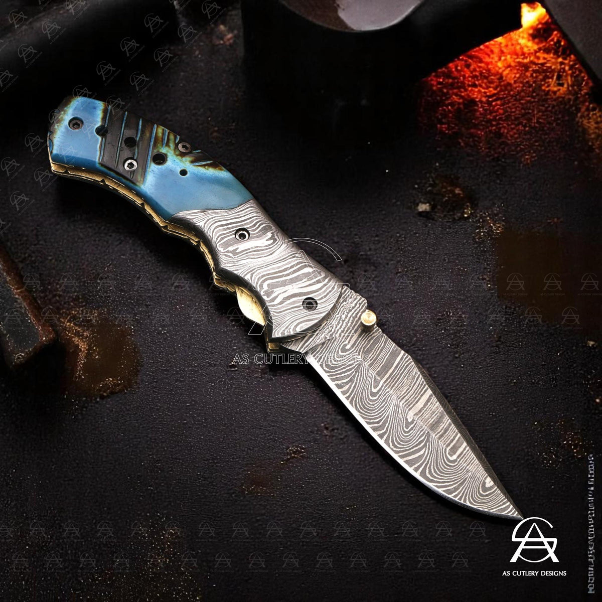 Hand-Forged Damascus Steel Folding Knife | Dyed Camel Bone Handle