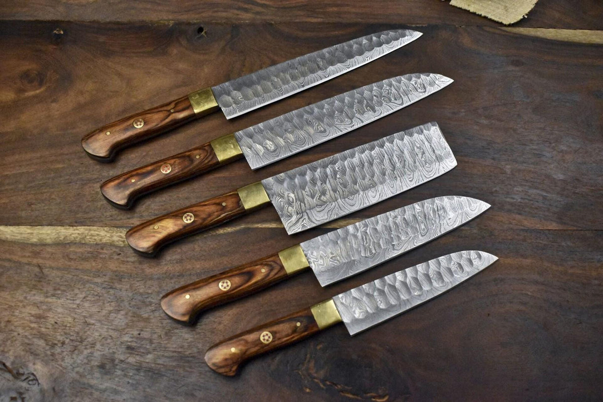 Custom Handmade Damascus Steel Kitchen Knife Set | Professional 5pcs Chef Cutlery