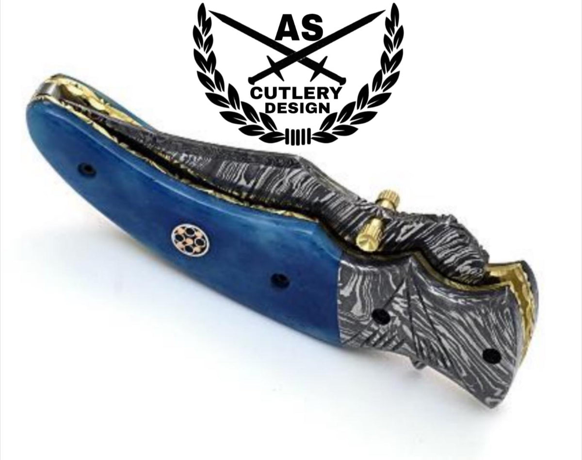 Custom handmade damascus pocket knife with bone handle