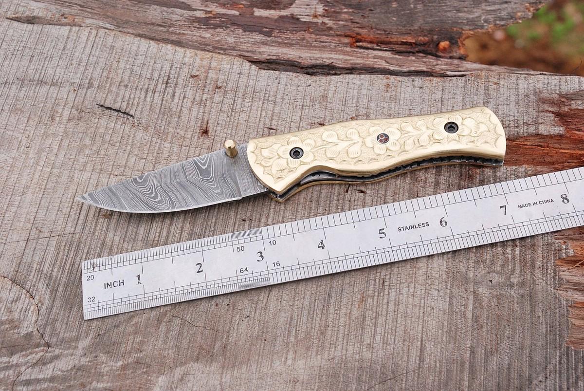 Hand forged damascus steel foldinh Pocket knife W/BRASS Engraved handle
