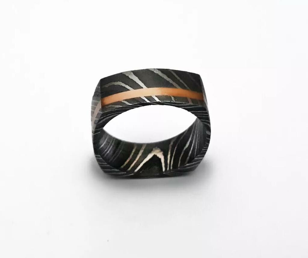 Handmade Damascus Steel Wedding Band: Iron Wood Inlay, Stainless Steel Sleeve