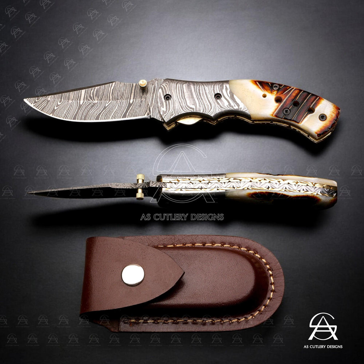 Hand Forged Damascus Steel Folding Knife, Camel Bone Handle, Leather Sheath