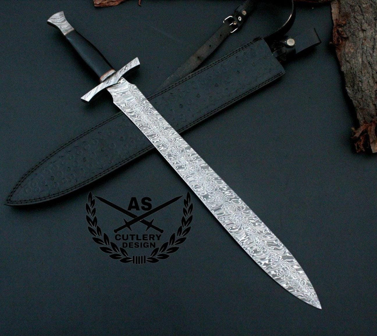 Custom handmade damascus sword steel 32”with leather sheath