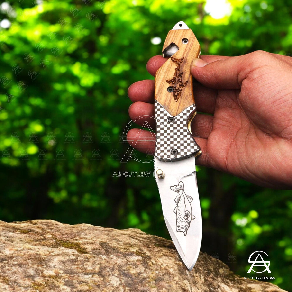Hand-Forged J2 Stainless Steel Folding Knife | Kawu Wood Handle, Leather Sheath