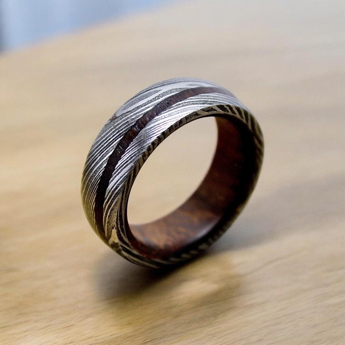 Handmade Damascus Steel & Wood Inlay Ring: Rustic Wedding Band