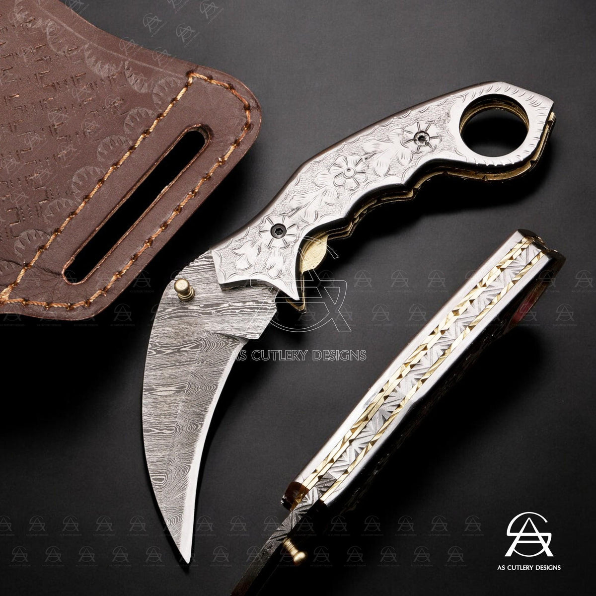 Hand-Forged Damascus Steel Karambit Knife | Engraved Handle, Leather Sheath