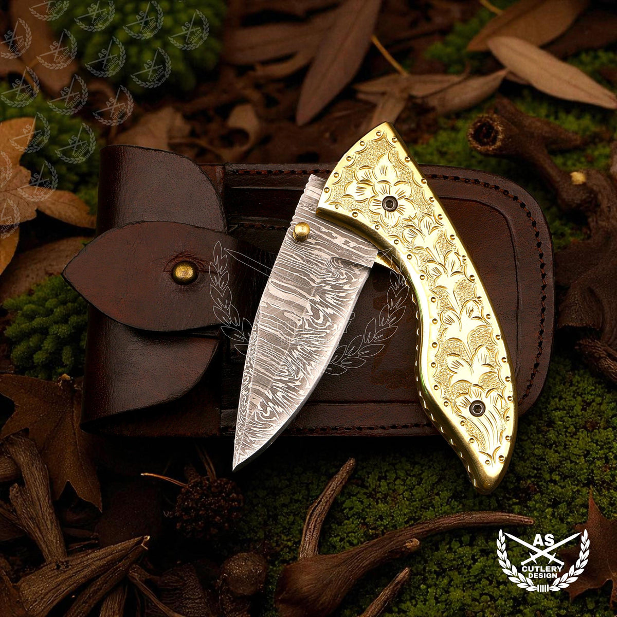 Custom handmade damascus pocket knife with engraved copper handle