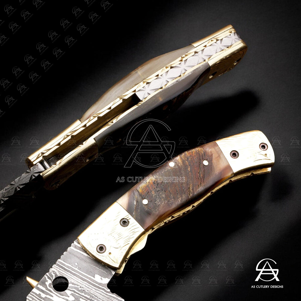 Hand-Forged Damascus Steel Folding Knife | Brass Bolster & Pommel with Hand Engravings | Lamb Horn Handle