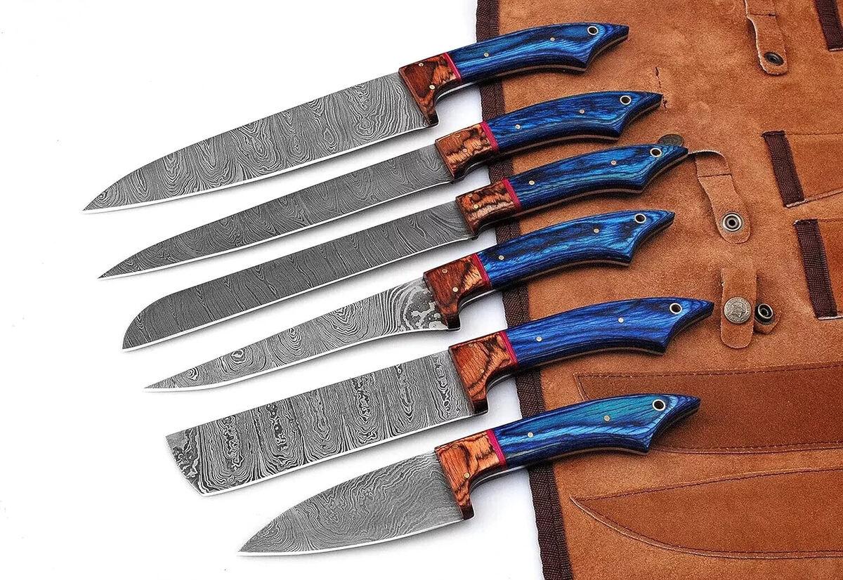 Custom handmade damascus kitchen knives set 6 piece roll