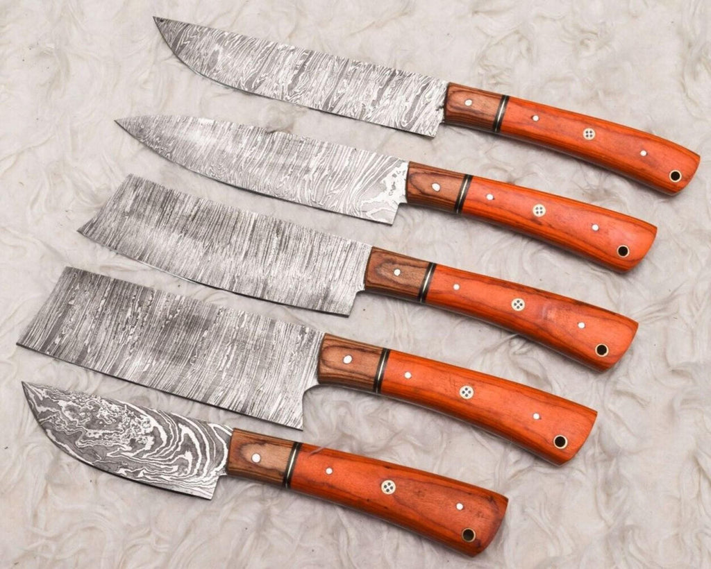 5 Pcs Custom Handmade Damascus Steel Chef Knife Set | Wood Handle | Professional Kitchen Knives