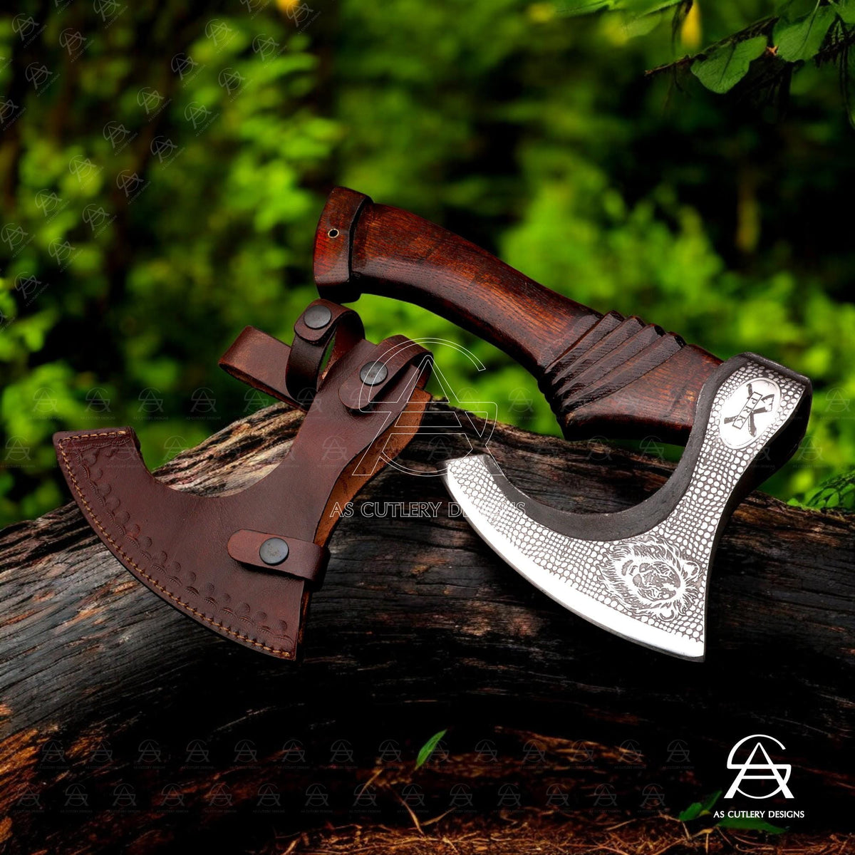 Hand-Forged Pizza Axe | 12" High Carbon Steel Blade | Carved Rosewood Handle with Leather Sheath