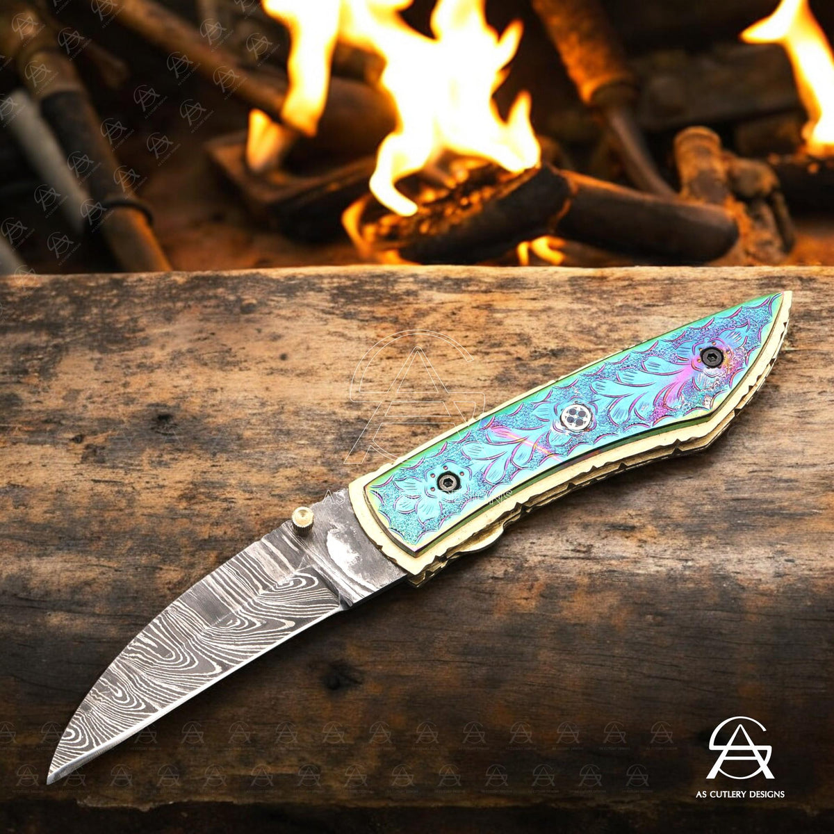 Hand Forged Damascus Steel Folding Knife  Brass Handle with Plasma Coating A Masterpiece of Craftsmanship