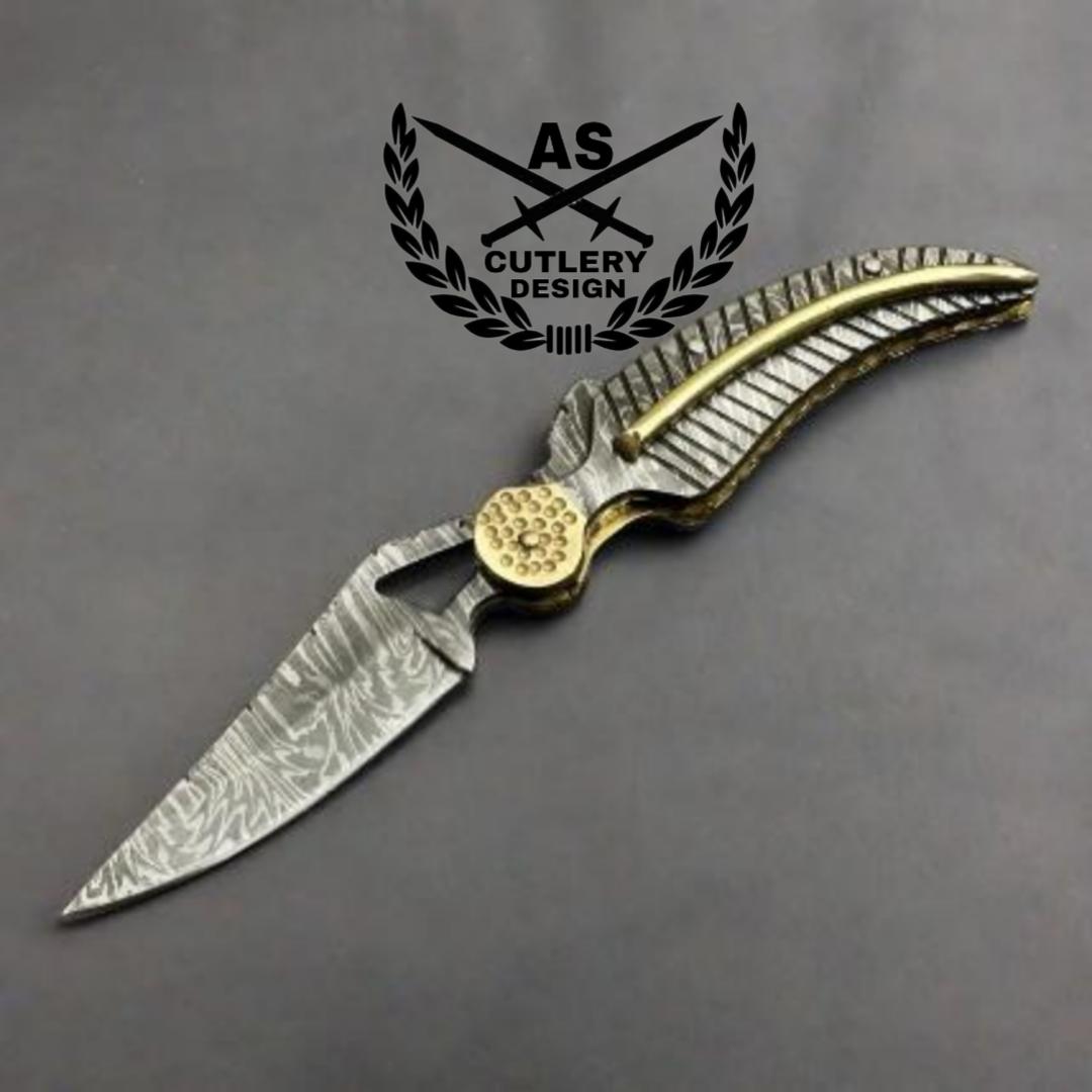 Handmade personlized damascus folding hunting knife with damascus handle