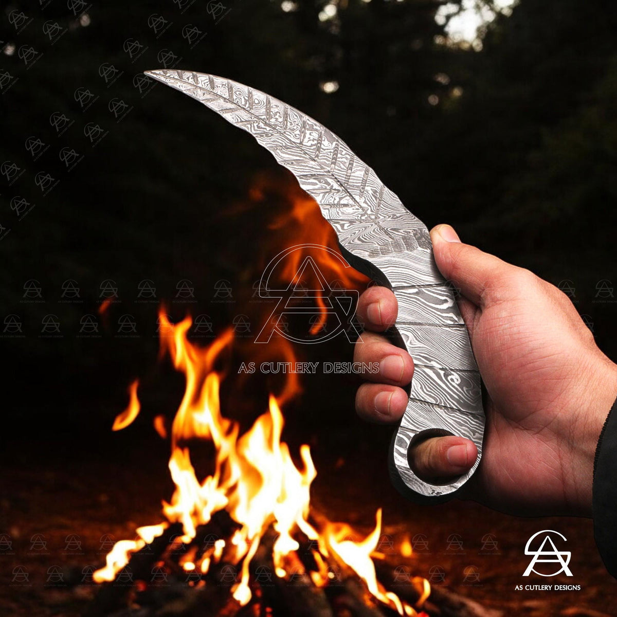 Hand-Forged Damascus Steel Karambit Hunting Knife | One-Piece Full Damascus Design with Finger Hole | Leather Sheath Included