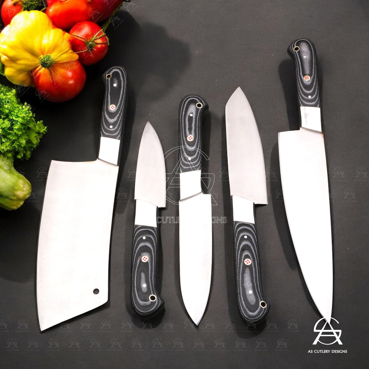Hand-Forged Chef Knife Set | J2 Steel, G10 Micarta Handles, Leather Sheath