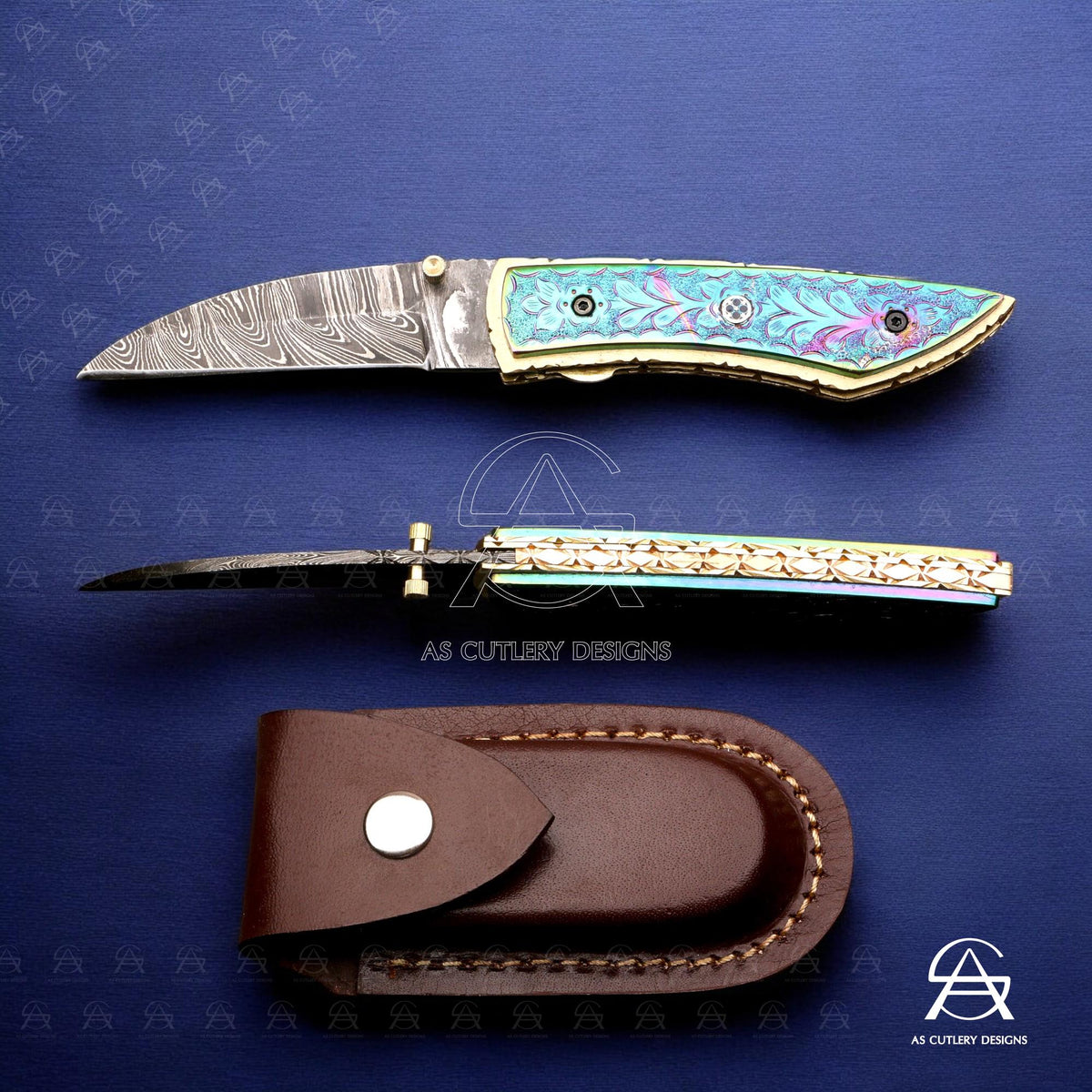 Hand Forged Damascus Steel Folding Knife  Brass Handle with Plasma Coating A Masterpiece of Craftsmanship