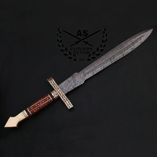 Custom handmade damascus hunting sword  24.25" with leather sheath