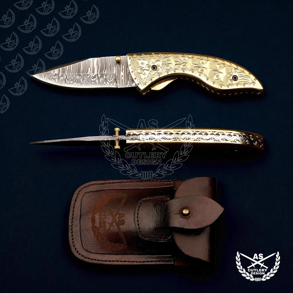 Custom handmade damascus pocket knife with engraved copper handle