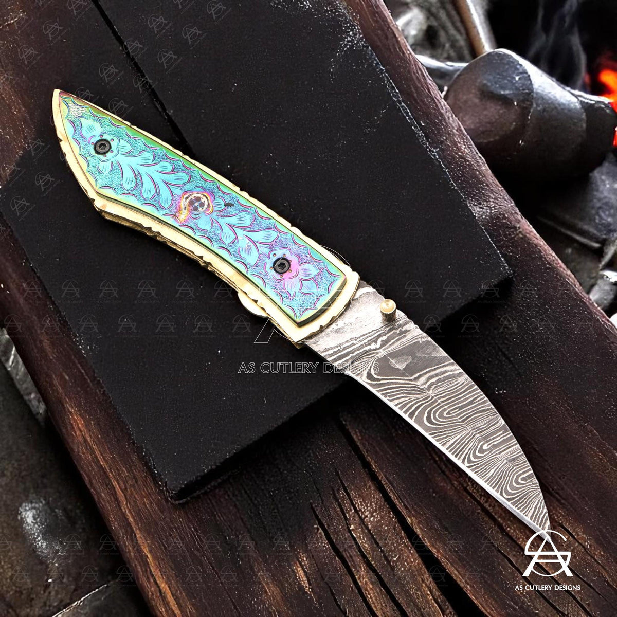 Hand Forged Damascus Steel Folding Knife  Brass Handle with Plasma Coating A Masterpiece of Craftsmanship