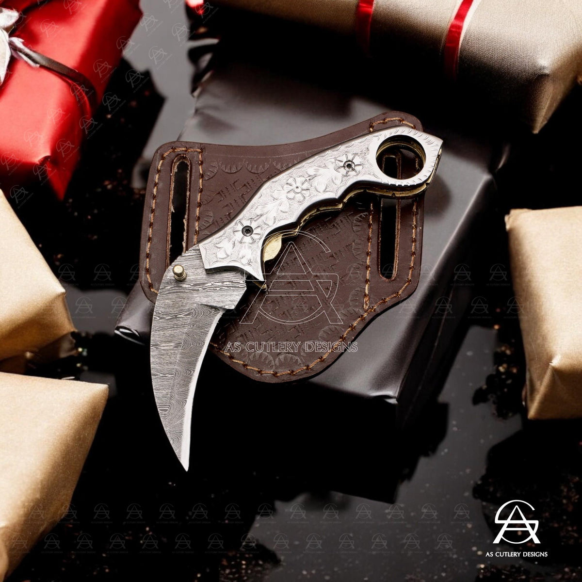 Hand-Forged Damascus Steel Karambit Knife | Engraved Handle, Leather Sheath