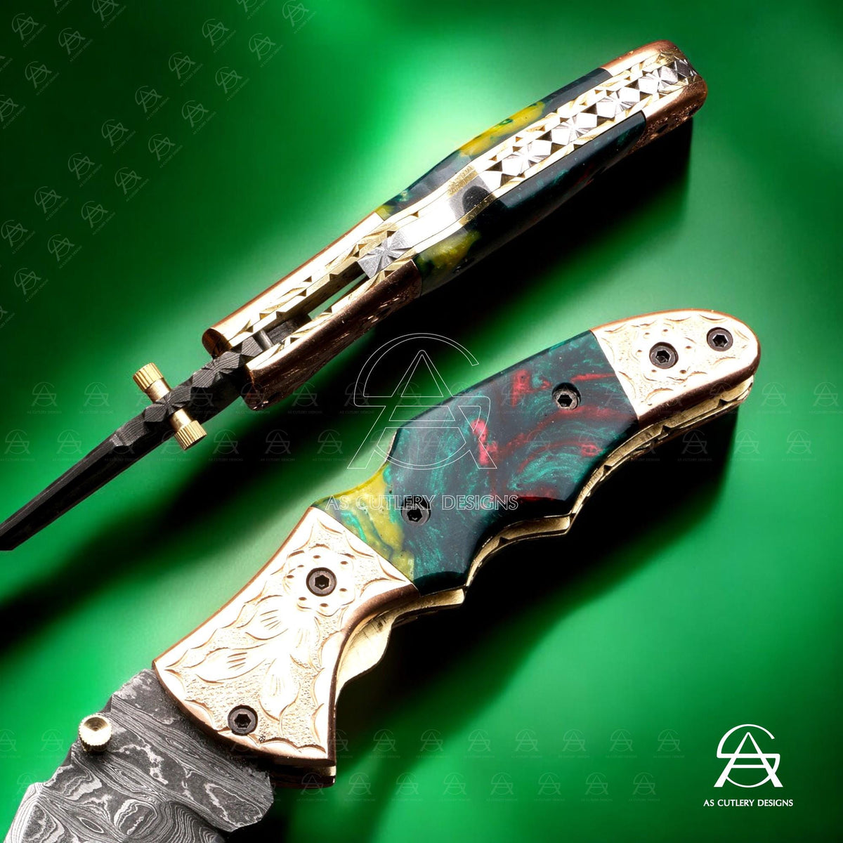 Hand Forged Damascus Steel Folding Knife  Epoxy Resin Handle with Hand-Engraved Copper Bolster Pommel
