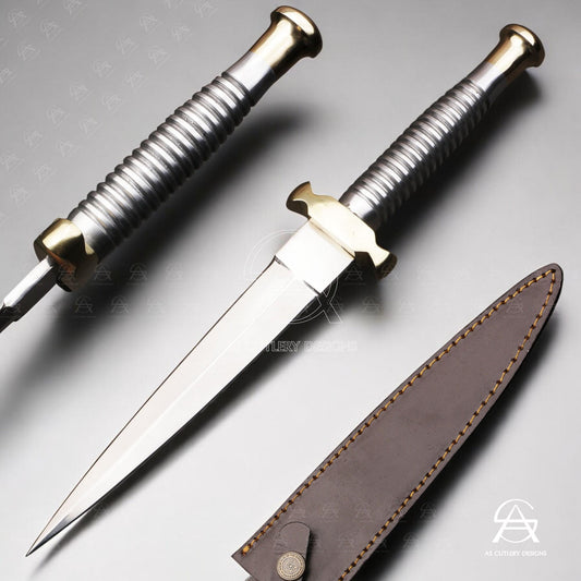 Hand-Forged D2 Steel Needle Dagger Knife | Brass Guard & Pommel | Stainless Steel Handle | Leather sheath