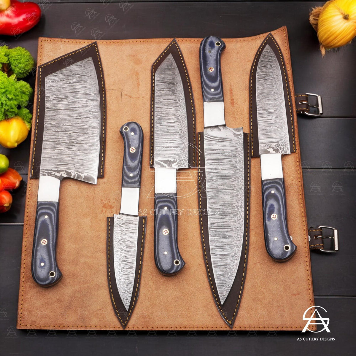 Hand-Forged Damascus Steel Chef Knife Set | G10 Micarta Handle, Leather Sheath