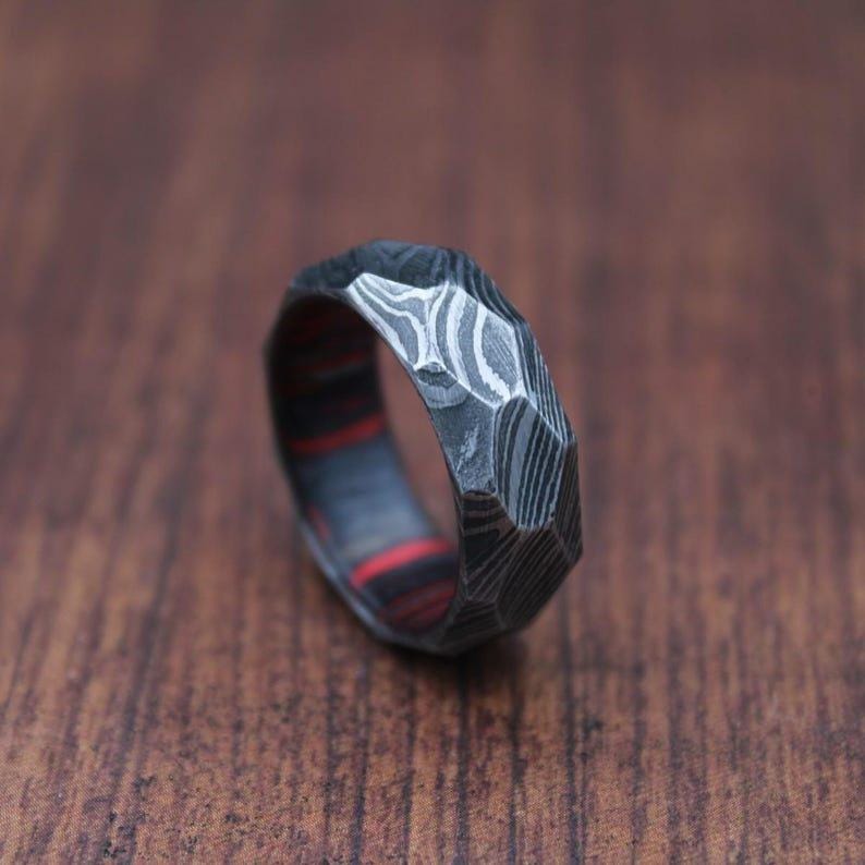 Damascus Whiskey Barrel Hammered Ring, Mens Damascus Steel Wood Wedding Band