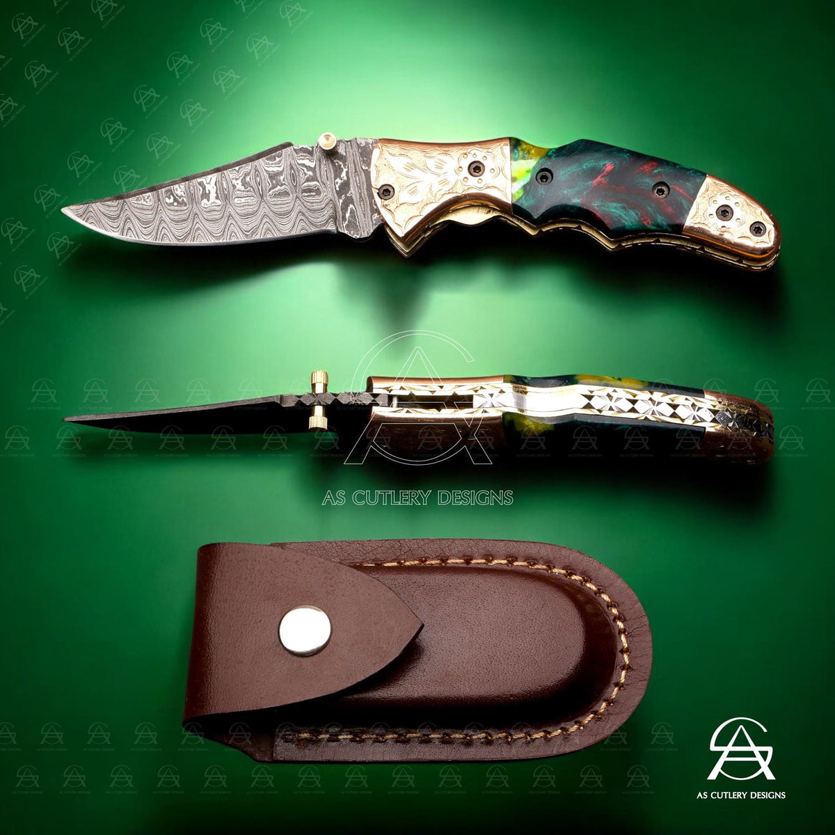 Hand Forged Damascus Steel Folding Knife  Epoxy Resin Handle with Hand-Engraved Copper Bolster Pommel