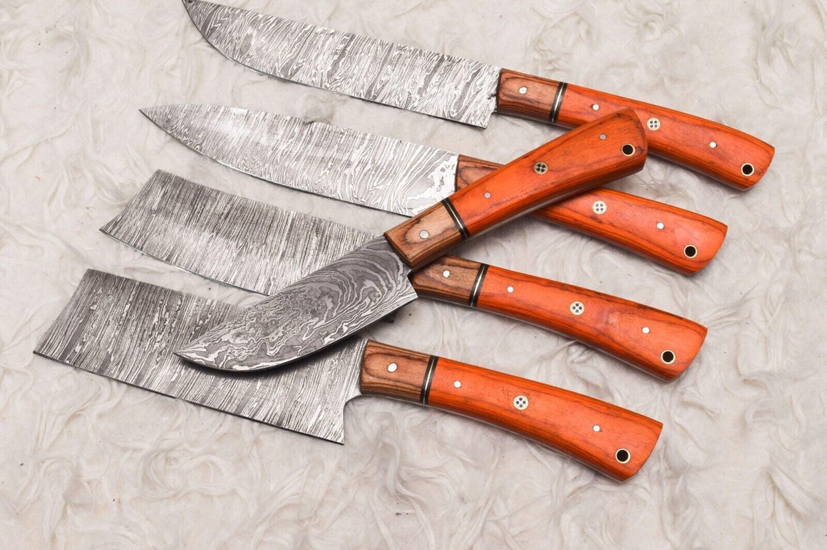 5 Pcs Custom Handmade Damascus Steel Chef Knife Set | Wood Handle | Professional Kitchen Knives