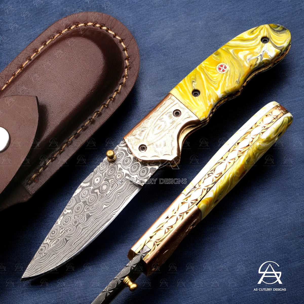 Hand-Forged Damascus Steel Folding Knife | Resin Handle, Leather Sheath